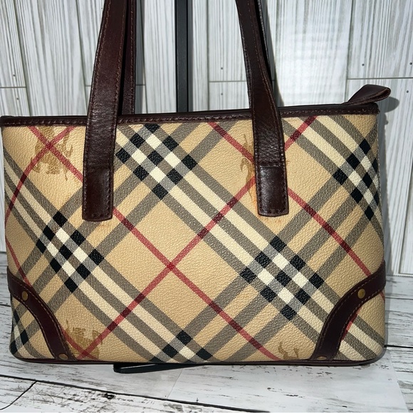 Burberry Vintage Nova Check Tote Bag Brown Leather Trim Plaid Shoulder Handbag - Picture 4 of 10